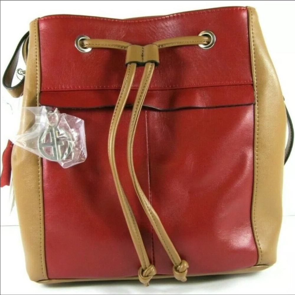 New Whiskey Red Leather Bucket Crossbody Bag